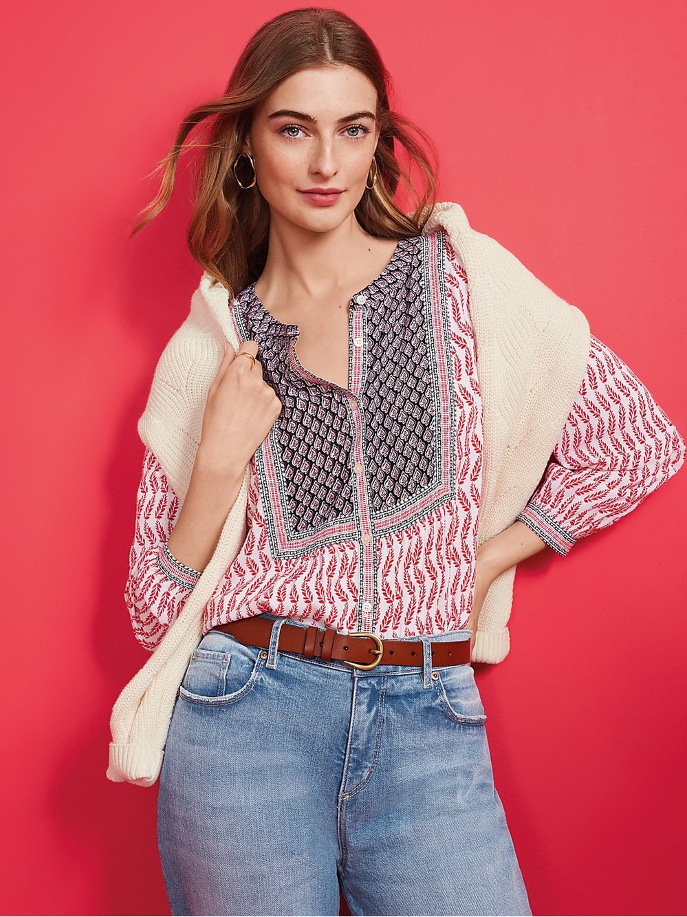 NWT LOFT Boho Leaf Bib Blouse. Red White and Blue. Flowy, loose fit Size medium